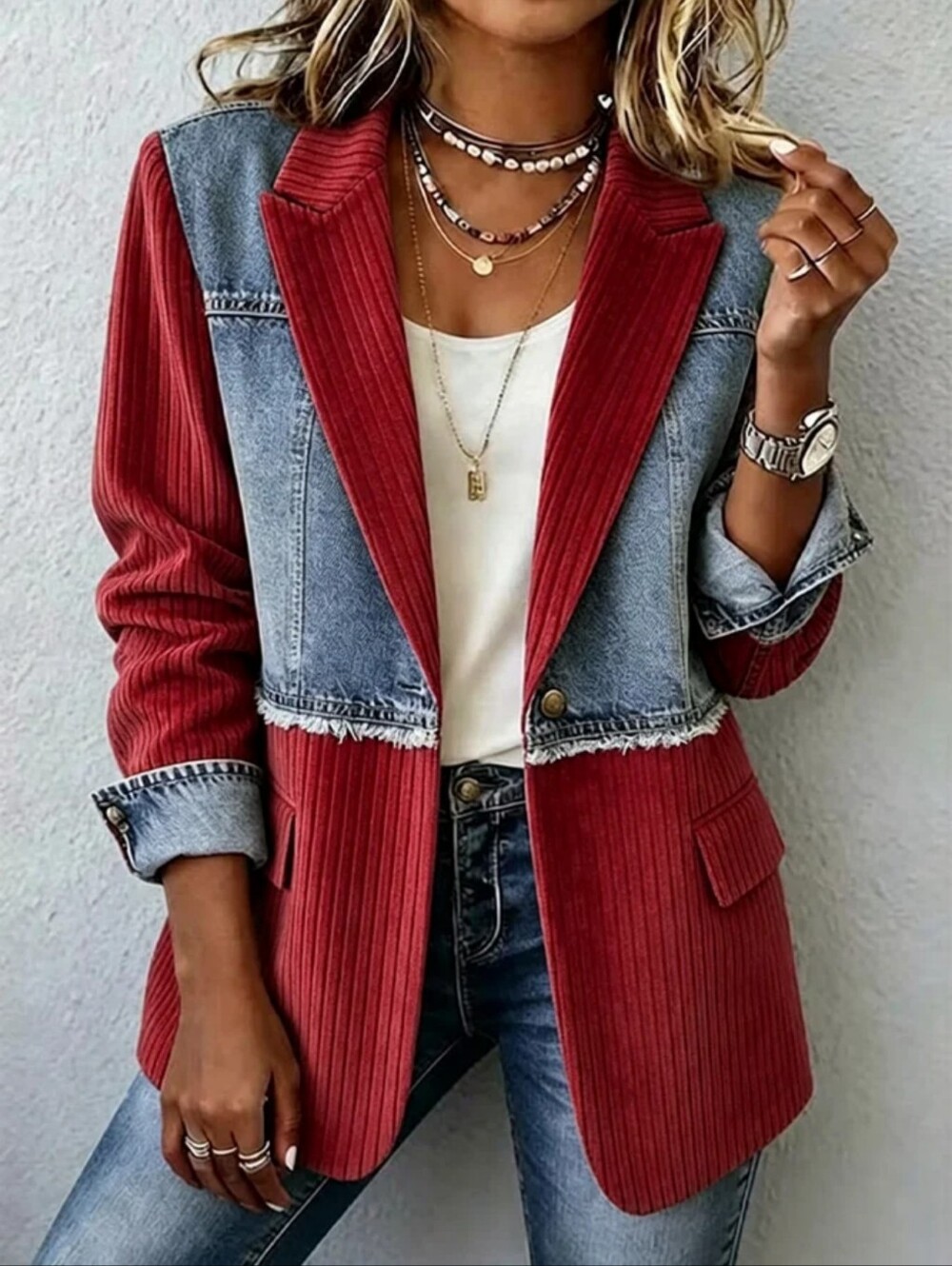 Light Blue Mixed-Media Denim Blazer Jacket - Picture 4 of 9